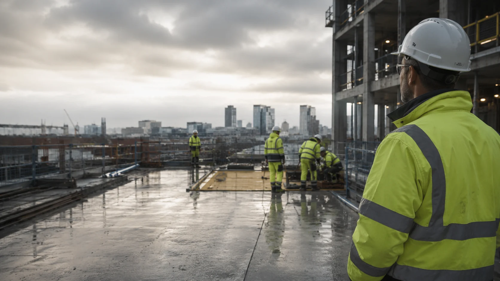 Construction workers on a wet site deck, representing visible pressure and the need for a clear next step.